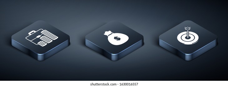 Set Isometric Briefcase and coin, Target and Money bag icon. Vector