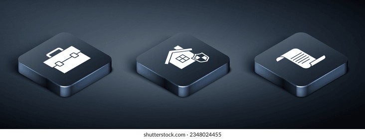 Set Isometric Briefcase, Document with shield and House icon. Vector