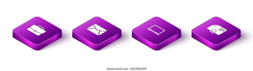Set Isometric Briefcase, Envelope, Laptop and Certificate template icon. Vector