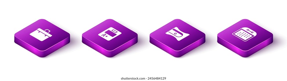 Set Isometric Briefcase, Exam sheet with A plus grade, Pencil sharpener and Calendar icon. Vector