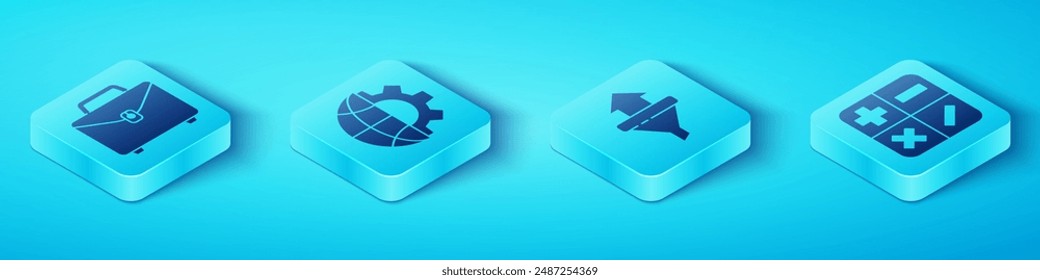 Setzen Sie Isometrische Aktentasche, Erdkugel und Zahnrad, Rechner und Verkaufstrichter mit Pfeilen Symbol. Vektorgrafik