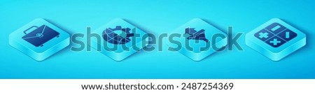 Set Isometric Briefcase, Globe of the Earth and gear, Calculator and Sales funnel with arrows icon. Vector