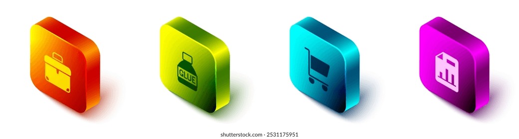 Establecer maletín isométrico, pegamento, Carrito de compras y documento con el ícono de gráfico. Vector