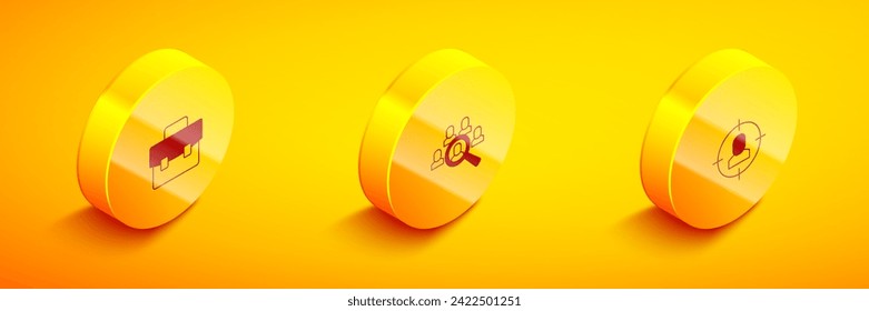 Set Isometric Briefcase, Magnifying glass for search job and Head hunting icon. Vector