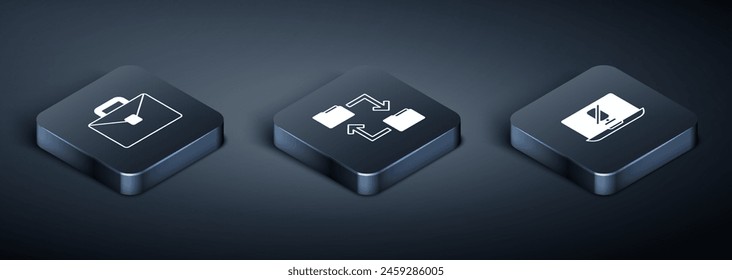 Set Isometric Briefcase, Mute microphone on laptop and Cloud storage document folder icon. Vector