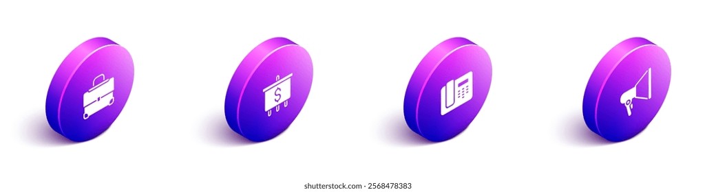 Set Isometric Briefcase, Target with dollar, Telephone 24 hours support and Megaphone icon. Vector