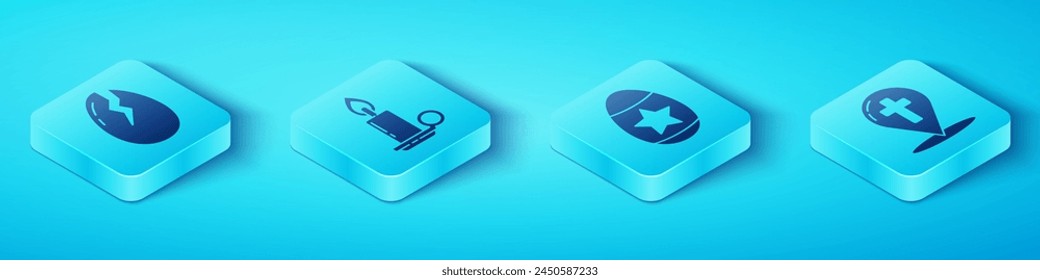 Set Isometric Broken egg, Burning candle in candlestick, Map pointer with christian cross and Easter egg icon. Vector