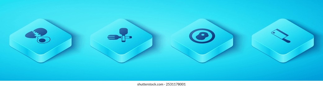 Set Isometric Broken egg, Crossed fork and spoon, Meat chopper and Scrambled eggs icon. Vector