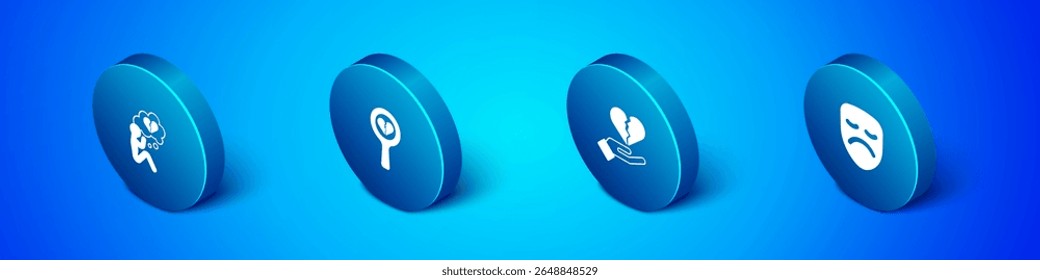 Set Isometric Broken heart or divorce, , Drama theatrical mask and  icon. Vector