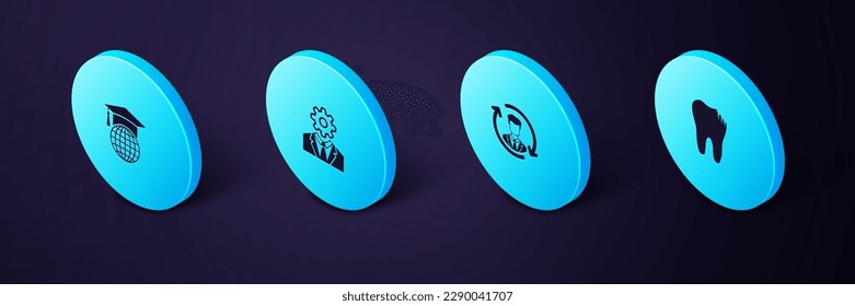 Set Isometric Broken tooth, Human resources, Head with gear inside and Graduation cap on globe icon. Vector