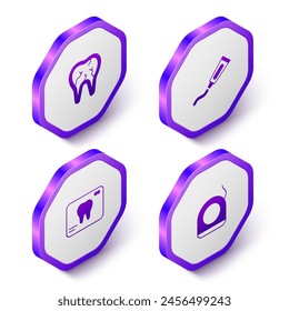 Set Isometric Broken tooth, Tube of toothpaste, X-ray and Dental floss icon. Purple hexagon button. Vector