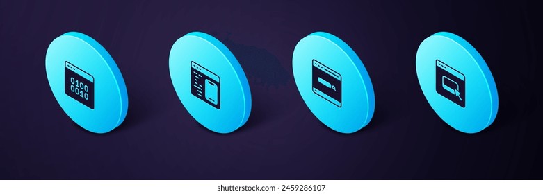 Set Isometric Browser files, Search engine, Software and Binary code icon. Vector