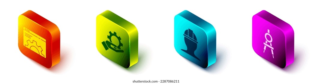 Set Isometric Browser setting, Settings in the hand, Worker safety helmet and Drawing compass icon. Vector