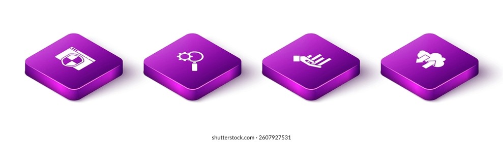 Set Isometric Browser with shield, Magnifying glass and gear, Pie chart infographic and Cloud download upload icon. Vector