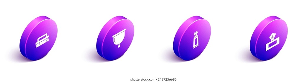 Set Cepillo isométrico para limpieza, copa menstrual, tubo de pasta de dientes e icono de paquete de toallita húmeda. Vector