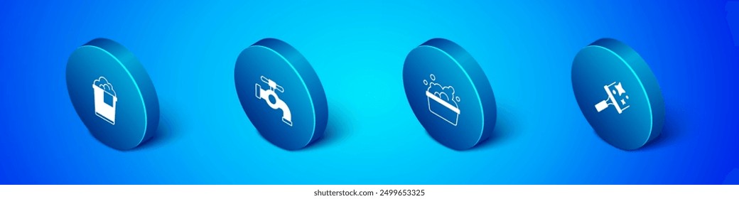 Conjunto de cubo isométrico con espuma, espuma de jabón de lavabo, limpiador de goma para ventanas e icono de grifo de agua. Vector