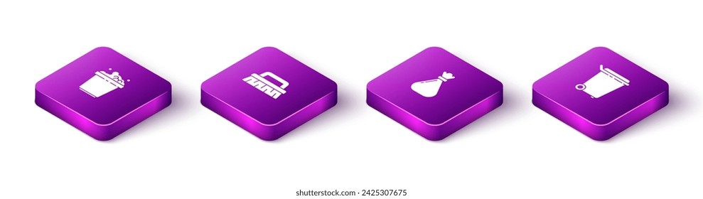 Set Isometric Bucket with soap suds, Brush for cleaning, Garbage bag and Trash can icon. Vector