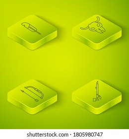 Set Isometric Buffalo skull, Bow and arrow in quiver, Native American indian smoking pipe and Feather pen icon. Vector