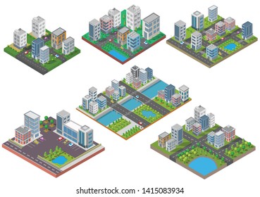 Set Isometric Building vector and town.They are on Yard,river with car and road.building 3d,smart city,Vector office and town apartment concept.