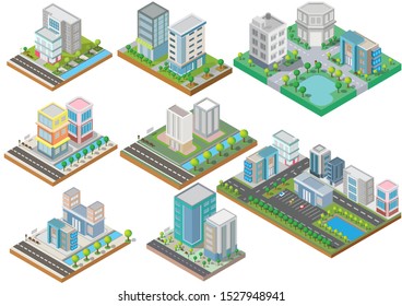 Set Isometric Building Vector And Town.They Are On Yard,river With Car And Road.building 3d,smart City,Vector Office And Town Apartment Concept.