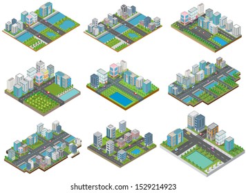 Set Isometric Building vector and town.They are on Yard,river with car and road.building 3d,smart city,Vector office and town apartment concept.