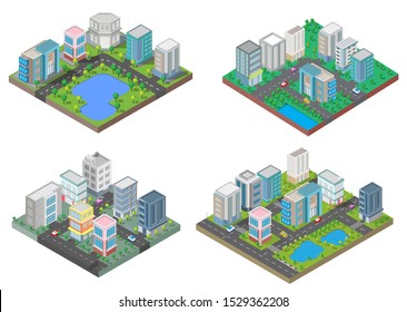 Set Isometric Building vector and town.They are on Yard,river with car and road.building 3d,smart city,Vector office and town apartment concept.