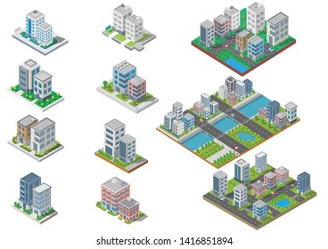 Set of Isometric Building vector.They are on Yard.The river with road and trees. building 3d , smart city, Vector office and town apartment concept.