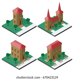 Set of isometric buildings with benches and trees.