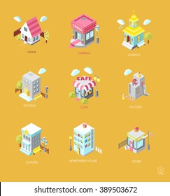 Set of Isometric Buildings. Black and white vector illustration with cinema,  cottage, church, school, shop, cafe, town hall, factory,apartment house. Icons