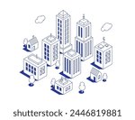 Set of isometric buildings in contour style for map or scene creation. Multistory tall buildings, and private houses. Modern collection in cartoon monochrome style. 3d outline vector illustration