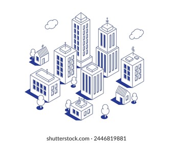 Set of isometric buildings in contour style for map or scene creation. Multistory tall buildings, and private houses. Modern collection in cartoon monochrome style. 3d outline vector illustration