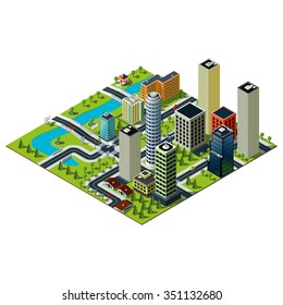 Set of isometric buildings in downtown. Bridge over the river. Isometric city.