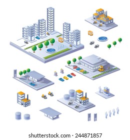 Set of Isometric Buildings, home and transport.