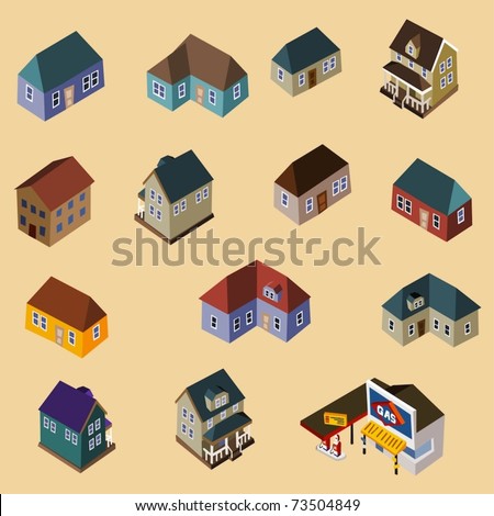 Set of Isometric Buildings and Houses. Compose your own city