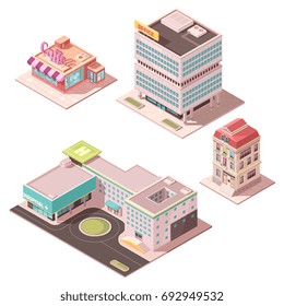 Set of isometric buildings including cafe, office center, residential house, hospital with helicopter pad isolated vector illustration
