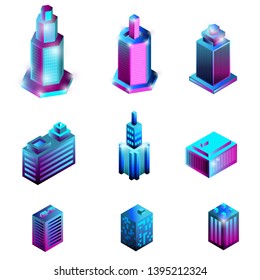 Set of isometric buildings isolated on a white background. Neon, ultraviolet houses in futuristic style. Elements for design.