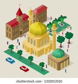 Set of isometric buildings, mosque, minarets, benches, trees, cars and people. Vector cityscape in oriental style.