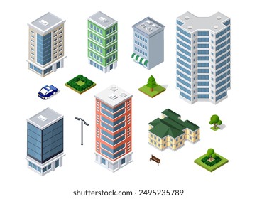 Set of isometric buildings representing a cityscape with skyscrapers, park zones, a street lamp, and a car