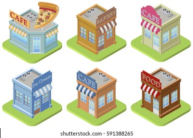 Set of isometric buildings of store and cafe. Vector illustration