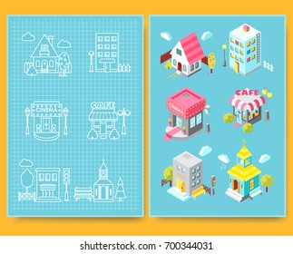 Set of isometric buildings with street elements and green spaces and Blueprint