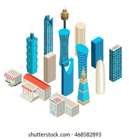 Set of isometric buildings, towers, skyscraper and university building, hospital, shop, business, apartments. Collection of  3d  skyscraper logo, buildings, houses. Vector illustration.