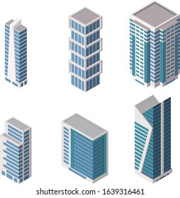 Set of Isometric Buildings vector icons set. Business offices, apartment houses, skyscrapers for infographic city map.