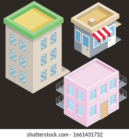 Set of Isometric Buildings vector illustration, isolated on background
