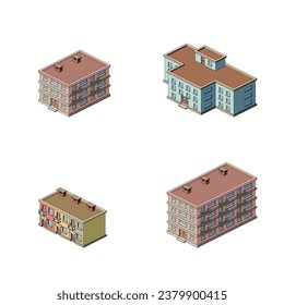 Conjunto de edificios isométricos, ilustración vectorial.