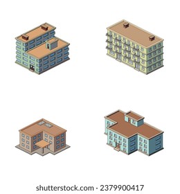 Set of isometric buildings, vector illustration.