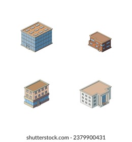 Conjunto de edificios isométricos, ilustración vectorial.