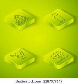 Set Isometric Bullet, Buffalo skull, Road traffic signpost and Church building icon. Vector