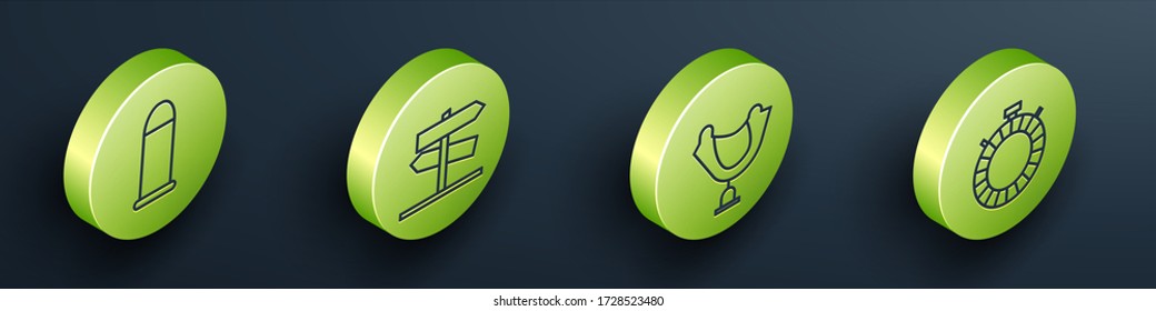 Indique el botón Isometric Bullet, la señal de tráfico por carretera, la silla Wild West y el icono de la botella de agua Canteen. Vector