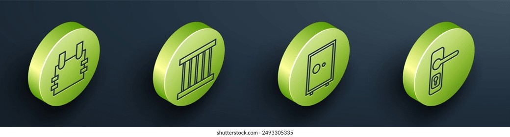 Set Isometric Bulletproof vest, Prison window, Safe and Door handle icon. Vector