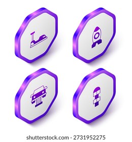Conjunto de coche de parachoques isométricos, juguete de la nave cohete, columpio e icono de rayuela. Botón hexagonal púrpura. Vector